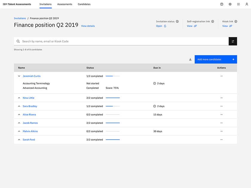 Track candidate results and statuses within an invitation